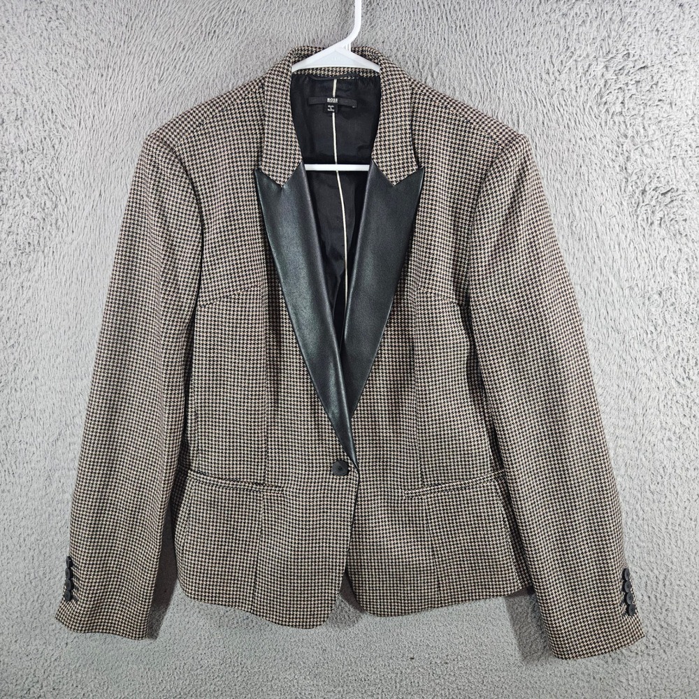 Hugo Boss Janeka1 Houndstooth Wool Cashgora Blazer Leather Lapel Brown Black 12